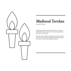 Two Medieval flame torches. Double torch logo in modern thin line style isolated on white background. Outline medieval theme symbol. Simple mono linear pictogram. Stroke vector logotype template.