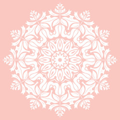 Fototapeta na wymiar Oriental round pattern with arabesques and floral elements. Traditional classic ornament. Pink and white pattern