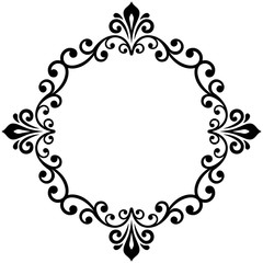 Oriental round frame with arabesques and floral elements. Floral fine border. Greeting card with place for text. Black and white pattern