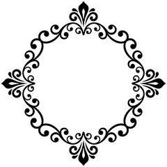 Oriental round frame with arabesques and floral elements. Floral fine border. Greeting card with place for text. Black and white pattern