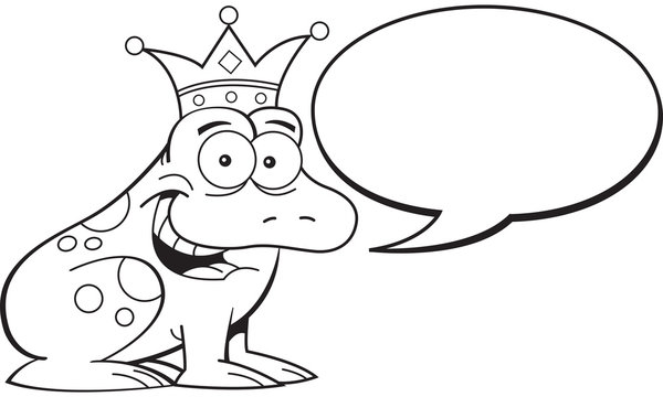 Black and white illustration of a frog wearing a crown with a caption balloon.