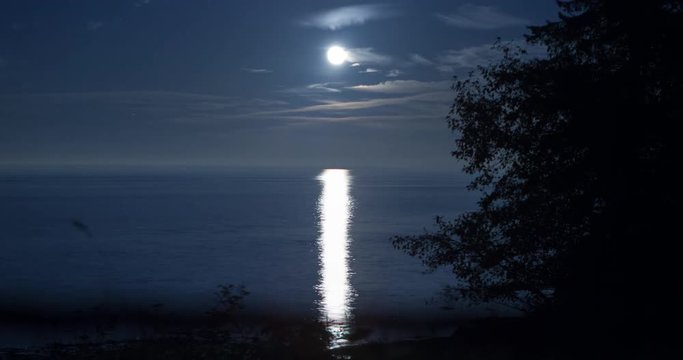 Tongue Point, Washington, USA - moonlight and its reflection in the ocean on the coast of the Tongue Point at clear night with few clouds - Timelapse with pan left to right