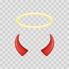 Angel halo and devil horns isolated on transparent checkered background. Vector illustration.