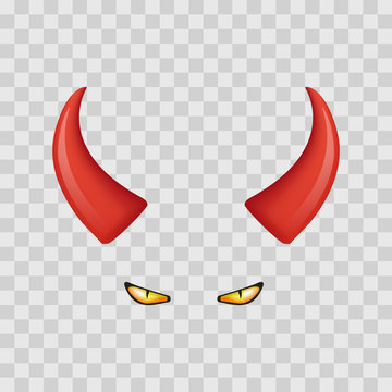 Devil horns and eyes isolated on transparent checkered background. Vector illustration.