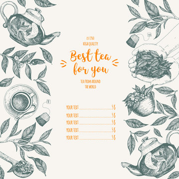 Tea shop frame vector illustration. Vector card design with tea. Tea house poster. Vector hand drawn set. Menu template with teapot, cup, leaves. Linear graphic