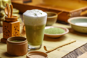 Matcha tea latte in glass