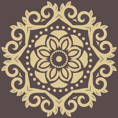 Oriental round pattern with arabesques and floral elements. Traditional classic ornament. Brown and golden pattern