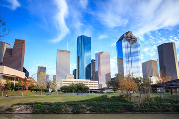 Fototapeta na wymiar Houston Texas Skyline with modern skyscrapers and blue sky view
