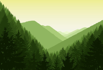 Fototapeta premium Image landscape. Panorama of mountains. Evergreen trees. Green and yellow tones.