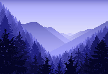   Panorama of mountains.   Blue and violet tones.