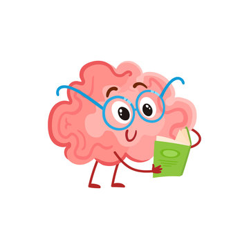 Funny smiling brain in round glasses reading a book, cartoon vector illustration on white background. Cute brain character in nerdy glasses with a book as a symbol of brain training and education