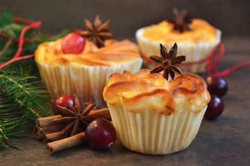 Mini cheesecakes with cranberry filling. Individual christmas dessert decorated by green pine tree branch, fresh berries, spices.