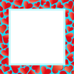 Romantic border frame with  red hearts on a blue background for picture frame, cover, poster vector design template.