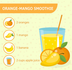 Orange and mango smoothie recipe with ingredients.