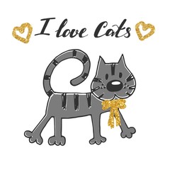 Vector illustration of hand drawn sketch . Cat with golden bow.