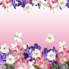 Beautiful floral background with orchids, daffodils and alstroemeria 