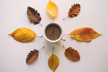 Coffee Cup Surrounded By Autumn Leaves On Table