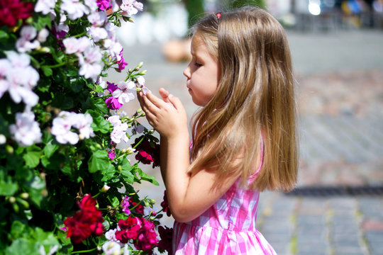 Adorable little girl playing near flower bush in a city park
