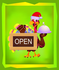 Christmas, turkey, cartoon, sign, open. Green background.