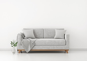 Interior with sofa, plants and plaid on empty white wall background. 3D rendering. - obrazy, fototapety, plakaty