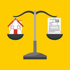 scale with house and tax documents over yellow background. tax design. vector illustration