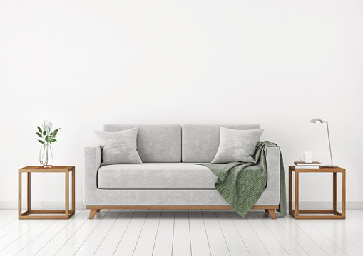 Interior with sofa, plants and plaid on empty white wall background. 3D rendering.
