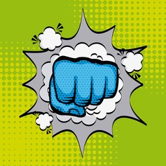 human hand with fist gesture over pop art colorful background. vector illustration