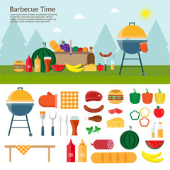 Fototapeta na wymiar Fruit with wine, barbecue grill, watermelon on the grass, bbq. Summer picnic on meadow under sky set vector background.