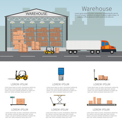 Warehouse interior storage vector set, with shipping and delivery, roof and lamps, flat illustration Logistic concept wagon truck