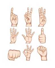 icons set of human hand with gesture expression over white background. colorful design. vector illustration