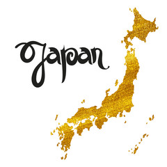 Japan. Abstract vector background with lettering and golden ink map.