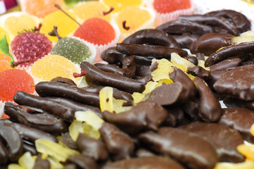Assorted candies in a pastry shop