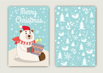 Christmas pattern with snow and funny bear. Vector Template illustration background card.