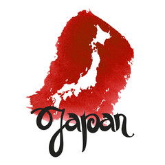 Japan. Abstract vector red watercolor background with lettering and map.
