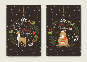 Happy New Year and Merry Christmas vector card with funny Santa Claus Deer.