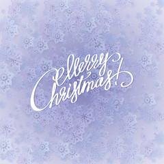 Merry christmas handwritten text on background with snowflakes