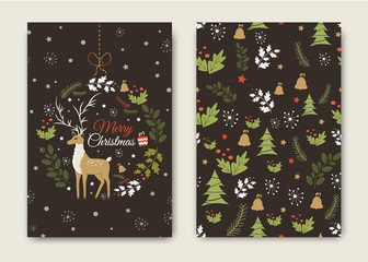 Happy New Year and Merry Christmas vector card with funny Santa Claus Deer.