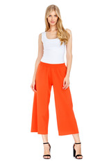 Fashion photo of young magnificent woman wearing fashionable summer clothes