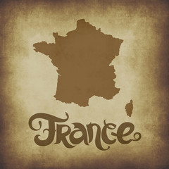 France. Abstract grunge vector background with lettering and map. Vintage illustration.
