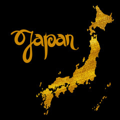 Japan. Abstract black vector background with lettering and golden map

