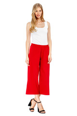 Fashion photo of young magnificent woman wearing fashionable summer clothes