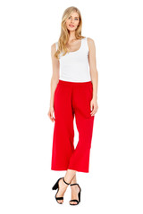 Fashion photo of young magnificent woman wearing fashionable summer clothes