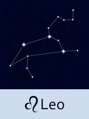 Fototapeta na wymiar Zodiac sign Leo. Horoscope constellation star. Abstract space night sky background with stars and bokeh at the back. Vector illustration. Good for mobile applications, astrology, science template.