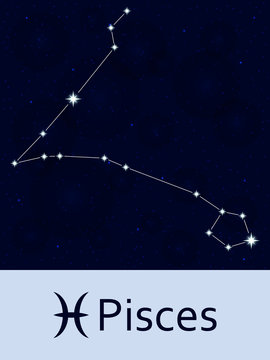 Zodiac sign Pisces. Horoscope constellation star. Abstract space night sky background with stars and bokeh at the back. Vector illustration. Good for mobile applications, astrology, science template.