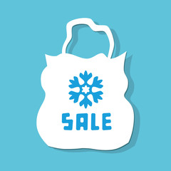 White shopping bag with a snowflake symbol, winter sale icon.