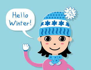 Girl in knitted hat and scarf. Hello winter card.