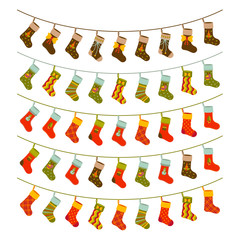 Christmas garland set with gift socks and with different holiday elements. Vector illustration.