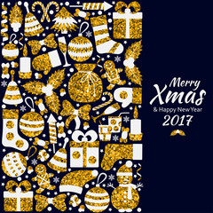 Christmas greeting card with text Merry Xmas and many winter golden toys. Vector illustration.