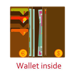 Big wallet inside with cash, coins and cards. Shopping icons in flat style. Vector illustration.