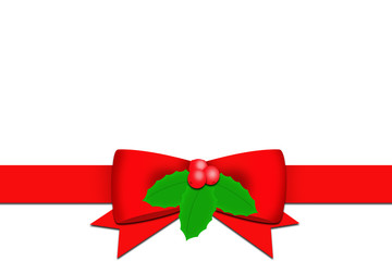 red satin ribbon and Holly berry leaves on white background.